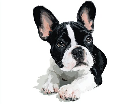 Black And White French Bulldog Puppy Lying Down Front View White Background