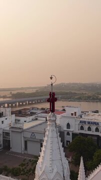 Vertical Aerial View of Basilica of Our Lady of Good Health Velankanni Tamil Nadu India