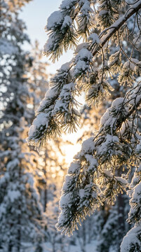 Snow-covered pine branches with golden sunlight filtering through winter forest