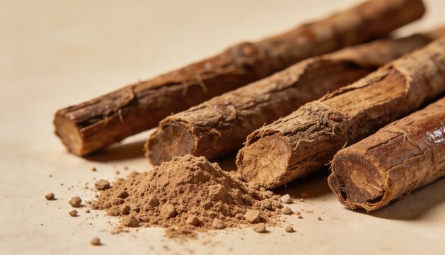 Tongkat Ali Roots and Herbal Powder Isolated on Neutral Background