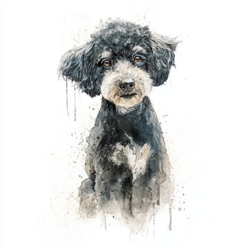 Black Poodle Dog Sitting White Background Watercolor Splatter Effect Close Up Portrait