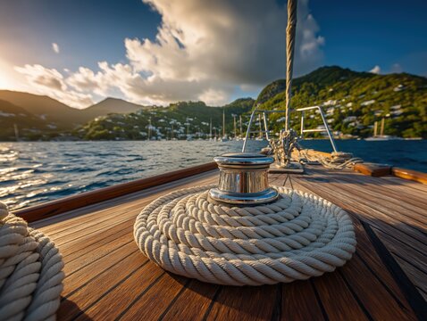 Polished metal winch secured with white rope sits on the teak wooden deck of a luxury sailboat