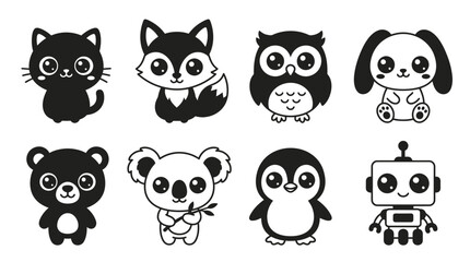 Cute Cartoon Animals and Robot Collection - Black and White Vector Icons © Labib