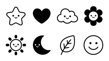 Fototapeta premium Cute Doodle Icons: Star, Heart, Cloud, Flower, Sun, Moon, Leaf, Smiley