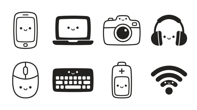 Cute Kawaii Gadgets Icons: Smartphone, Laptop, Camera, Headphones, Mouse, Keyboard, Battery, Wifi