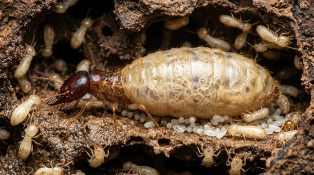 Large Termite Queen Surrounded by Worker Termites and Eggs in Underground Nest