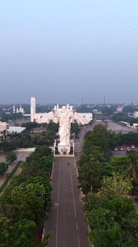 Vertical Aerial View of Morning Star Church and Jesus Statue in Velankanni Tamil Nadu