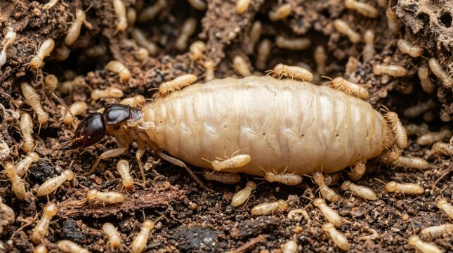 Pale Termite Queen Surrounded by Worker Termites in Underground Nest Soil