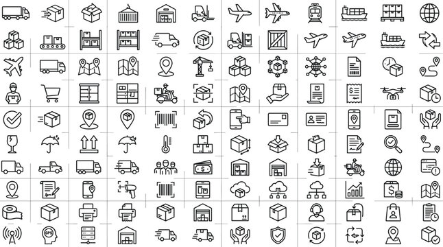 Logistics and supply chain line icons with trucks, airplanes, ships, warehouses, packages, and delivery symbols for business design