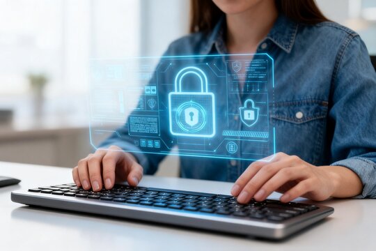 Person working on computer with digital lock interface