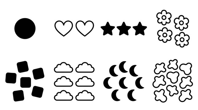 Collection of Simple Icons: Circle, Hearts, Stars, Flowers, Squares, Clouds, Moons, Abstract Shapes