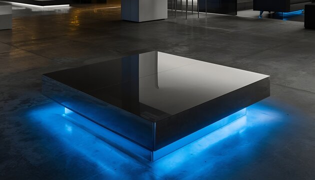 Minimalist square chrome coffee table with reflective metallic surface and blue ambient lighting, modern architectural interior design with polished concrete floor