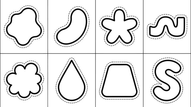 Set of Eight Abstract Organic Shapes with Double Outline on White Background