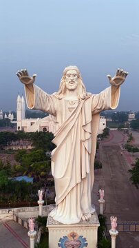 Vertical Aerial View of Morning Star Church and Jesus Statue in Velankanni Tamil Nadu