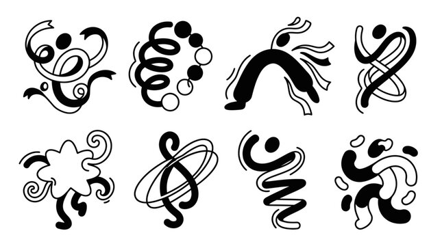 Abstract Dancing Figures and Shapes Collection - Black and White Line Art