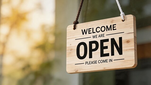 Wooden hanging sign displaying welcome we are open please come in text, inviting customers to enter a retail store or cafe during business hours, small shop front entrance