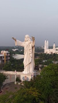 Vertical Aerial View of Morning Star Church and Jesus Statue in Velankanni Tamil Nadu