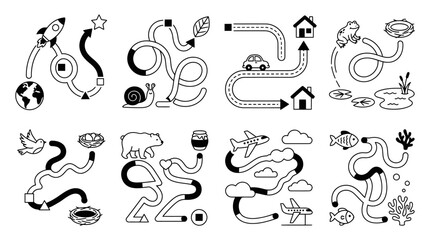 Set of 8 Kids Mazes with Space, Nature, Travel, Animals & Transport Themes © Labib