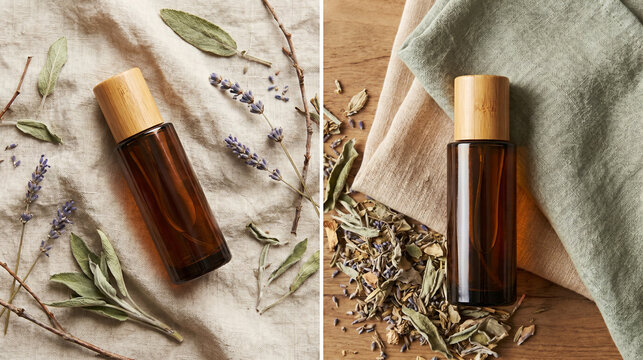 Aromatherapy roller bottles with essential oils and dried herbs for natural wellness