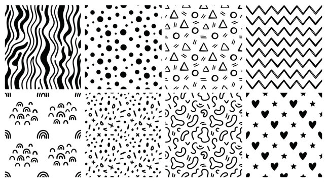 Hand-drawn seamless patterns in black and white: abstract shapes, lines, dots, hearts
