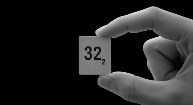A hand holding a small white square tile featuring the black printed number thirty-two with a small subscript two against a black background
