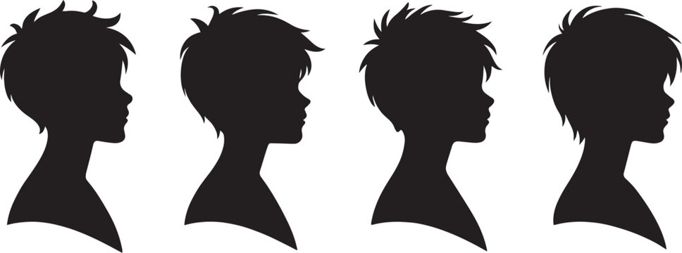 Minimalist boy profile silhouette set, young male head portraits with messy short hair, black vector icons of children side view