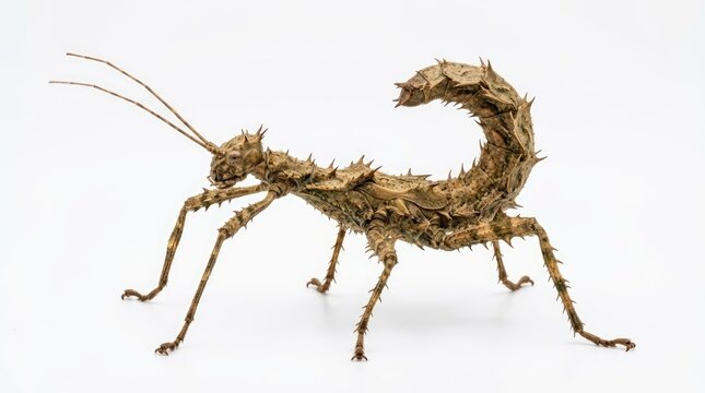 Spiny Brown Stick Insect Posing with Curved Tail on White Background
