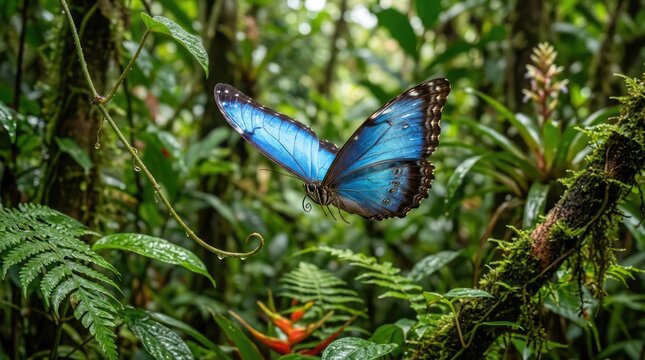 Vibrant Blue Butterfly Hovering Among Lush Tropical Rainforest Foliage