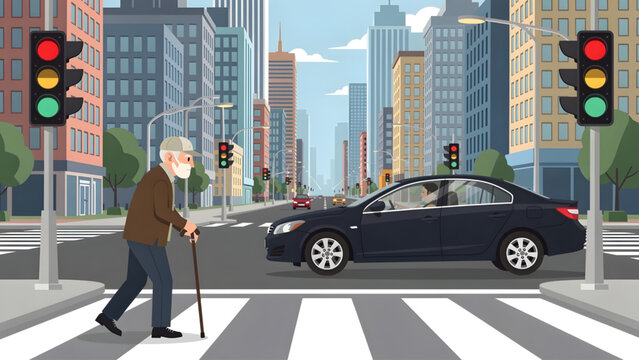 elderly man with cane crossing city street near traffic lights and black car in urban setting