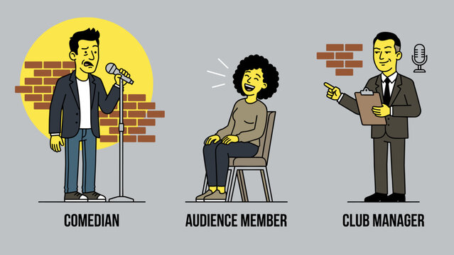 Stand-up comedy show characters set including a comedian performing on stage, a laughing audience member, and a professional club manager vector illustration