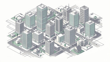 isometric cityscape with modern high-rise buildings streets and urban layout in gray green © Axis