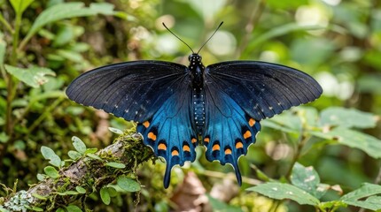 Naklejka premium Vibrant Blue Black Butterfly Resting on Mossy Branch in Lush Forest