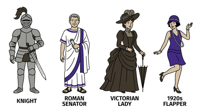 Collection of Historical Characters from Different Eras including Knight, Roman Senator, Victorian Lady, and 1920s Flapper Illustration