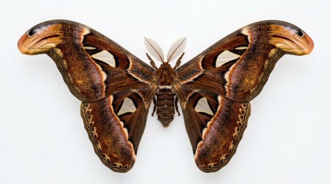 Large Brown Atlas Moth Displaying Spread Wings on White Background