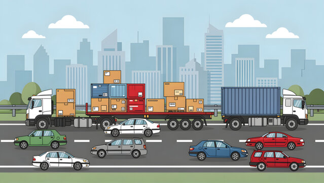 freight trucks carrying colorful boxes and cars driving on busy city highway with skyscrapers