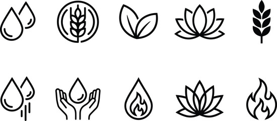 Fototapeta premium Minimalist nature and elemental line icons with water drops, lotus flowers, wheat stalks, leaves, and flames for eco design