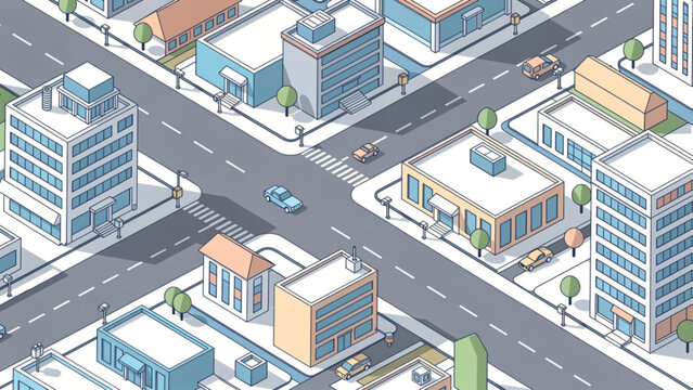 isometric city intersection with modern buildings cars trees and sidewalks urban environment