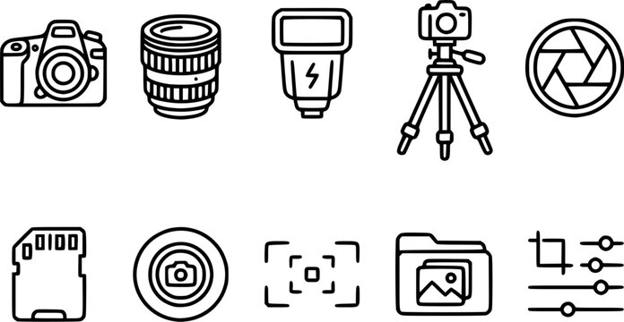 Photography Equipment and Camera Gear Icon Set featuring DSLR Lens Tripod Flash Memory Card and Shutter Concepts