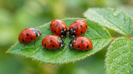 Obraz premium Red Spotted Ladybugs Resting on Green Leaf in Natural Garden Setting