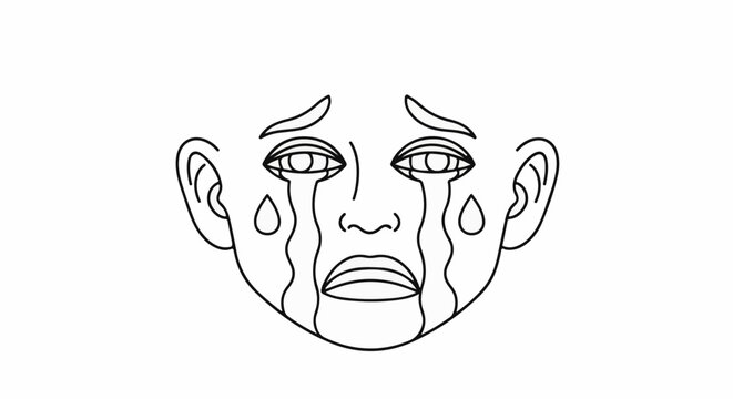 Minimalist line art of a crying face with teardrops