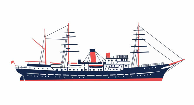 Stylized illustration of a large, multi-masted sailing ship with red accents