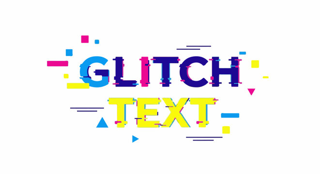 Colorful glitch text with abstract shapes and digital distortions