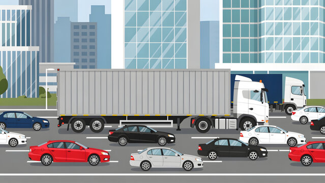traffic jam with white container truck red and black cars city buildings background