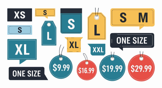 Assorted size and price tags in various shapes and colors
