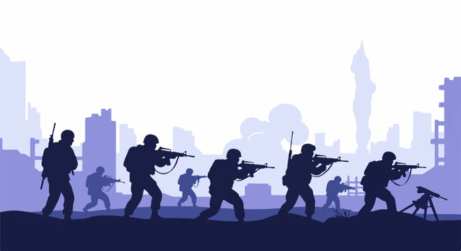 Silhouetted soldiers advance with weapons amidst a desolate, war-torn city skyline