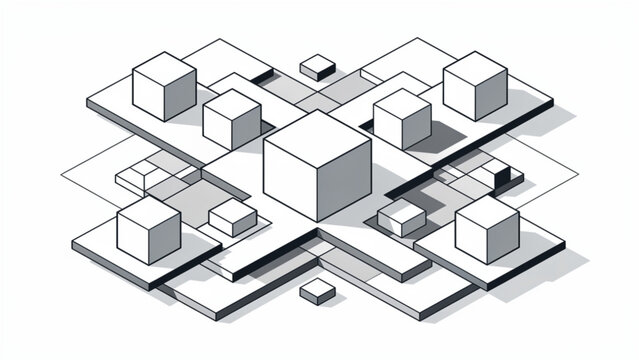 abstract white 3d cubes and rectangular shapes connected in geometric grid layout