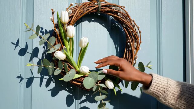 Hand adjusts white tulips on a circular natural wreath. Wreath placed on light blue door. Concept of home decor, seasonal decoration, floral design, and gardening