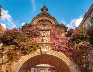 Obraz premium Ornate Archway with Floral Embellishments and Sculptural Detail Under a Blue Sky.