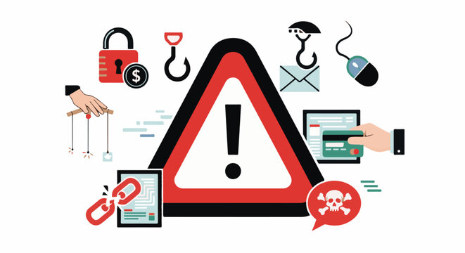 Cybersecurity threats depicted with icons warning, lock, mouse, credit card, skull