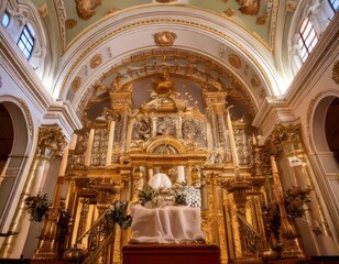 Obraz premium Ornate Golden Altar Inside A Grand European Church With Intricate Details.